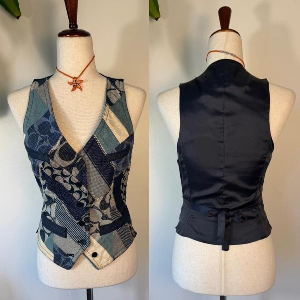 Coach Vintage Y2K Denim Patchwork Vest Blue Monogram Made in USA XS Small